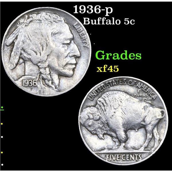 1936-p Buffalo Nickel 5c Grades xf+