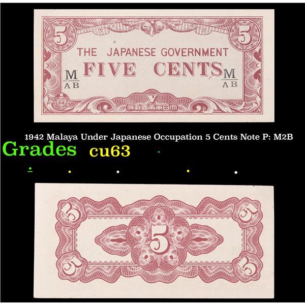 1942 Malaya Under Japanese Occupation 5 Cents Note P: M2B Grades Select CU