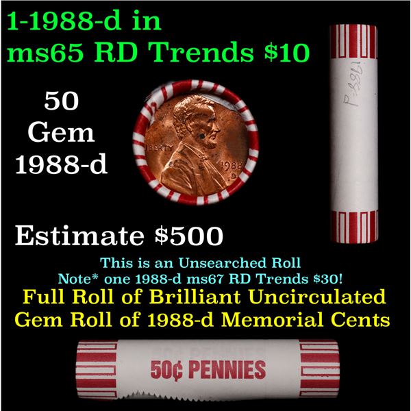 Shotgun Lincoln 1c roll, 1988-d 50 pcs Brandt 50c Wrapper.