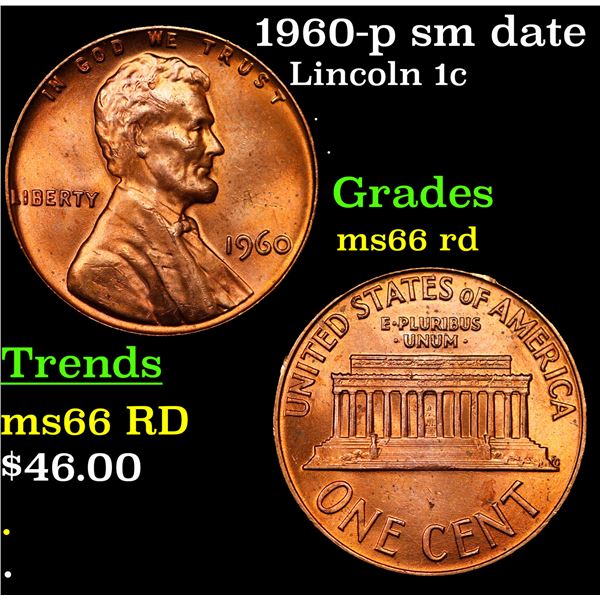 1960-p sm date Lincoln Cent 1c Grades GEM+ Unc RD