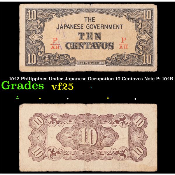 1942 Philippines Under Japanese Occupation 10 Centavos Note P: 104B Grades vf+