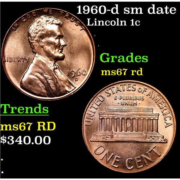 1960-d sm date Lincoln Cent 1c Grades GEM++ Unc RD