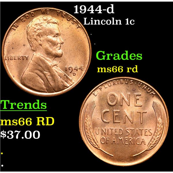 1944-d Lincoln Cent 1c Grades GEM+ Unc RD