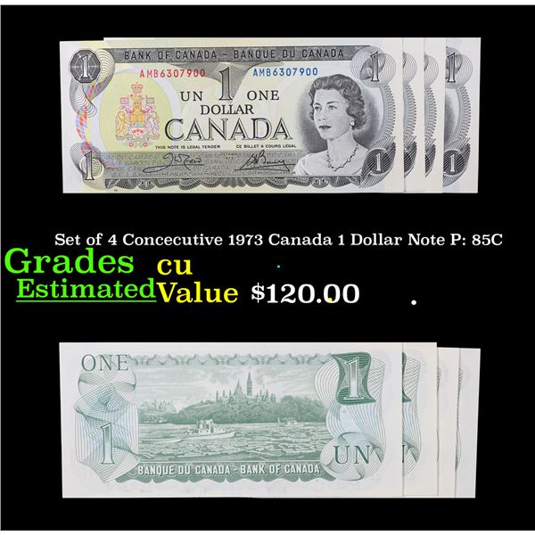 Set of 4 Concecutive 1973 Canada 1 Dollar Note P: 85C Grades CU