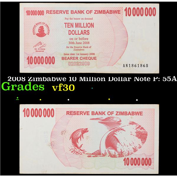 2008 Zimbabwe 10 Million Dollar Note P: 55A Grades vf++