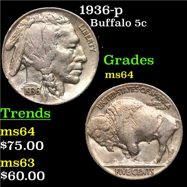 1936-p Buffalo Nickel 5c Grades Choice Unc