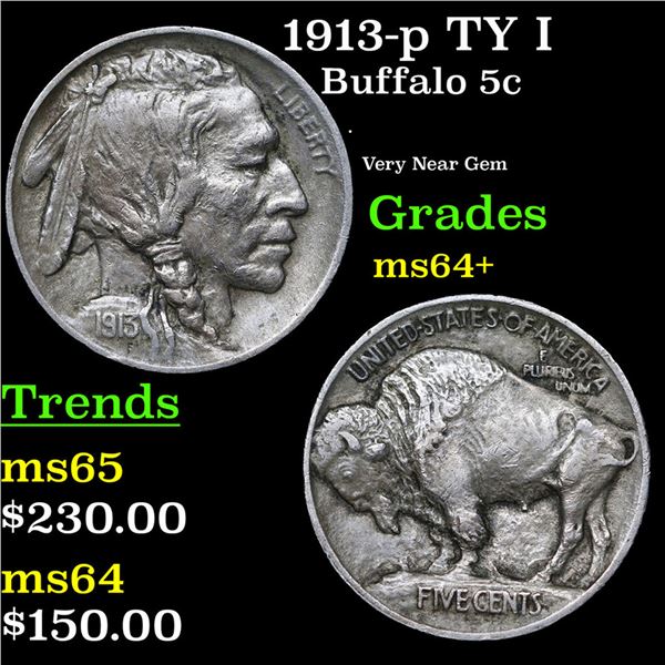 1913-p TY I Buffalo Nickel 5c Grades Choice+ Unc