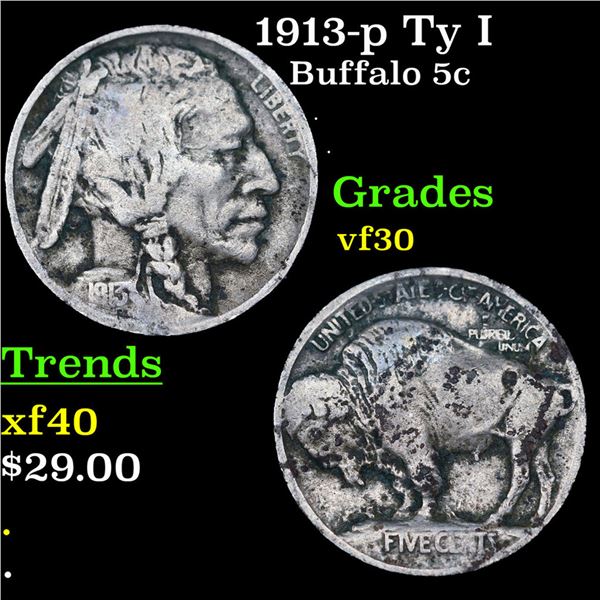 1913-p Ty I Buffalo Nickel 5c Grades vf++