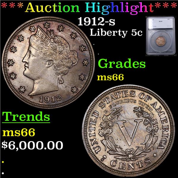 ***Auction Highlight*** 1912-s Liberty Nickel 5c Graded ms66 By SEGS (fc)