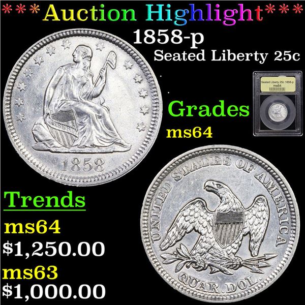 ***Auction Highlight*** 1858-p Seated Liberty Quarter 25c Graded Choice Unc BY USCG (fc)