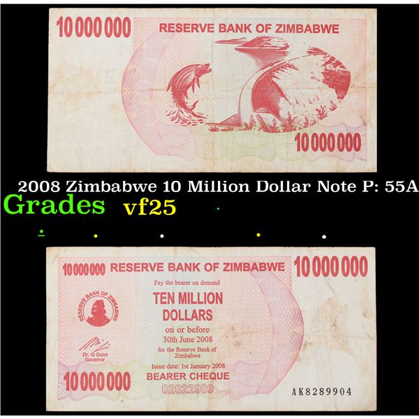 2008 Zimbabwe 10 Million Dollar Note P: 55A Grades vf+