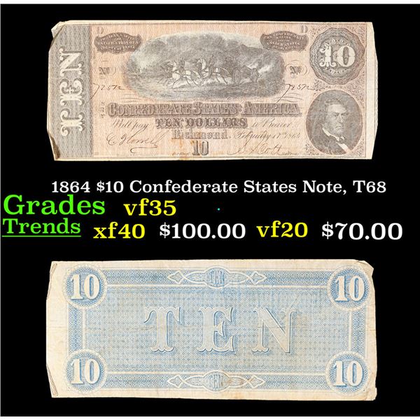1864 $10 Confederate States Note, T68 Grades vf++