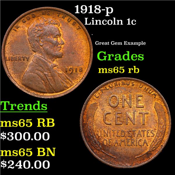 1918-p Lincoln Cent 1c Grades GEM Unc RB