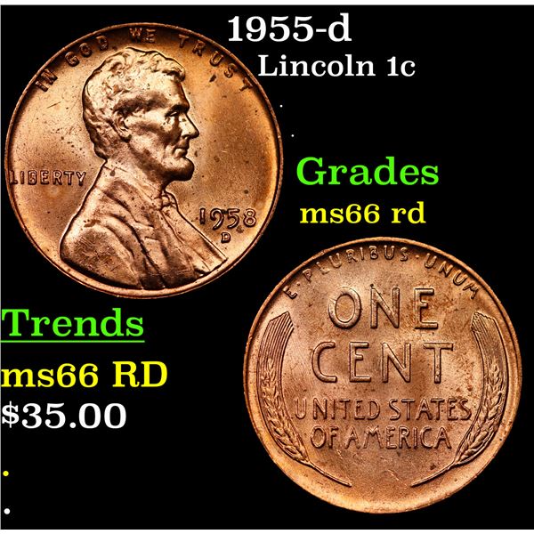 1955-d Lincoln Cent 1c Grades GEM+ Unc RD
