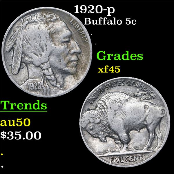 1920-p Buffalo Nickel 5c Grades xf+
