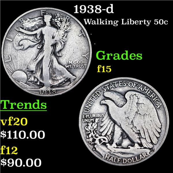 1938-d Walking Liberty Half Dollar 50c Grades f+