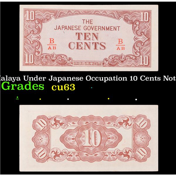 1942 Malaya Under Japanese Occupation 10 Cents Note P: M3B Grades Select CU