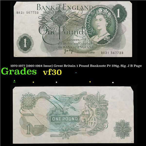 1970-1977 (1960-1964 Issue) Great Britain 1 Pound Banknote P# 374g, Sig. J B Page Grades vf++