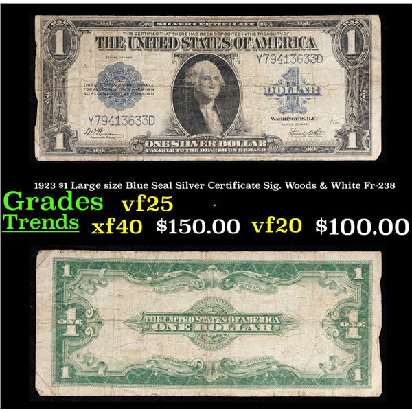 1923 $1 Large size Blue Seal Silver Certificate Sig. Woods & White Fr-238 Grades vf+