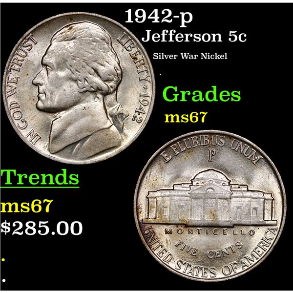 1942-p Jefferson Nickel 5c Grades GEM++ Unc