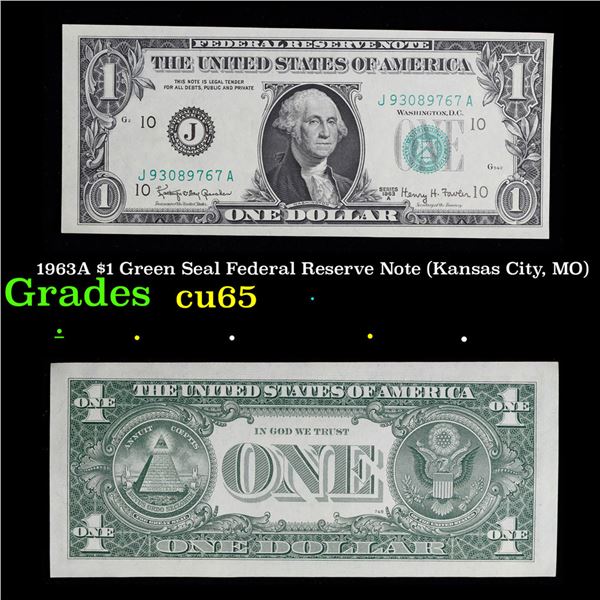 1963A $1 Green Seal Federal Reserve Note (Kansas City, MO) Grades Gem CU