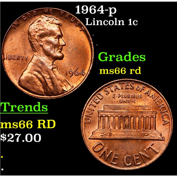 1964-p Lincoln Cent 1c Grades GEM+ Unc RD