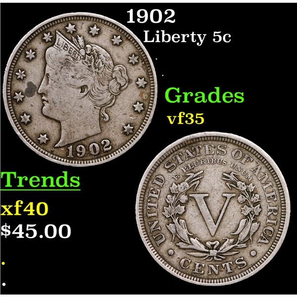1902 Liberty Nickel 5c Grades vf++