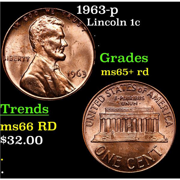 1963-p Lincoln Cent 1c Grades Gem+ Unc RD