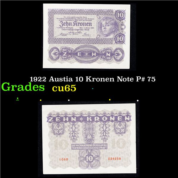 1922 Austia 10 Kronen Note P# 75 Grades Gem CU