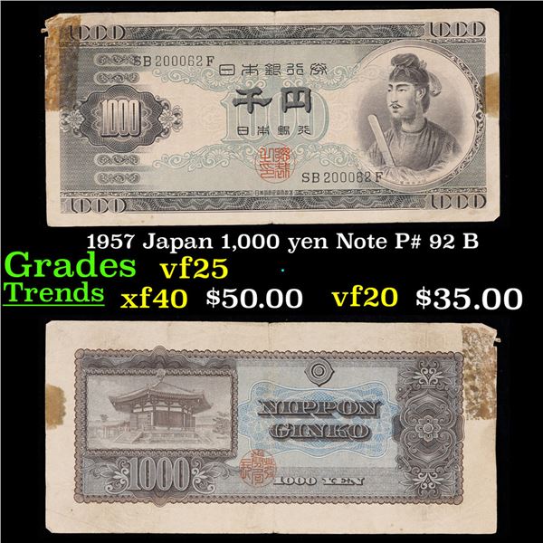 1957 Japan 1,000 yen Note P# 92 B Grades vf+