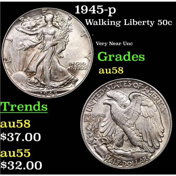 1945-p Walking Liberty Half Dollar 50c Grades Choice AU/BU Slider