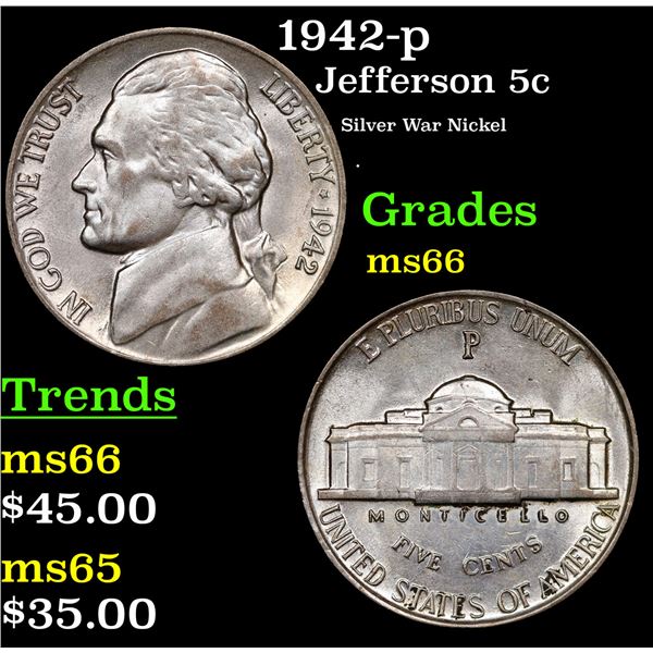 1942-p Jefferson Nickel 5c Grades GEM+ Unc