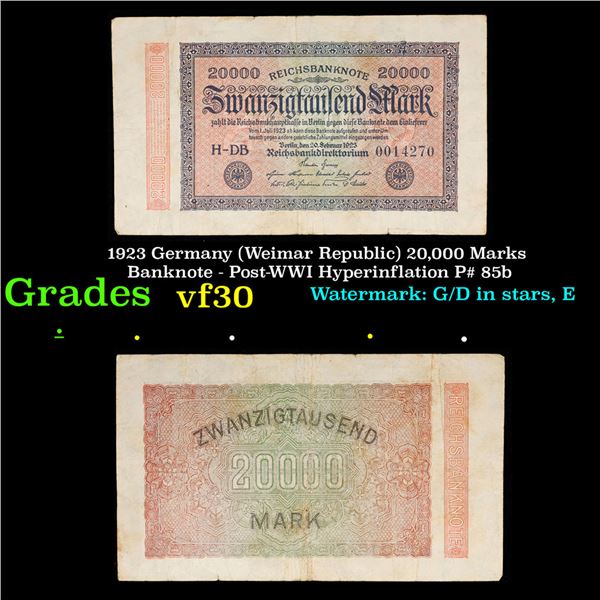 1923 Germany (Weimar Republic) 20,000 Marks Banknote - Post-WWI Hyperinflation P# 85b Grades vf++