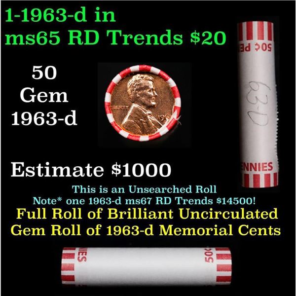 Shotgun Lincoln 1c roll, 1963-d 50 pcs Brandt Wrapper.