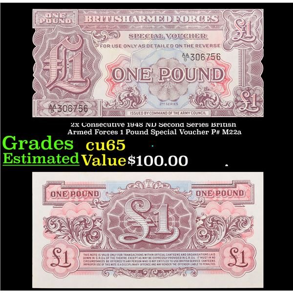 2x Consecutive 1948 ND Second Series British Armed Forces 1 Pound Special Voucher P# M22a Grades Gem