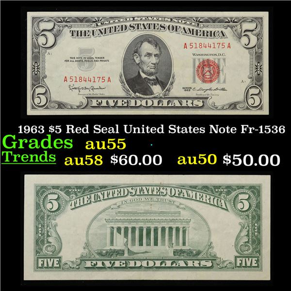 1963 $5 Red Seal United States Note Fr-1536 Grades Choice AU