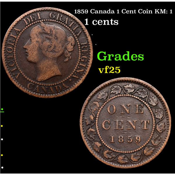 1859 Canada 1 Cent Coin KM: 1 Grades vf+