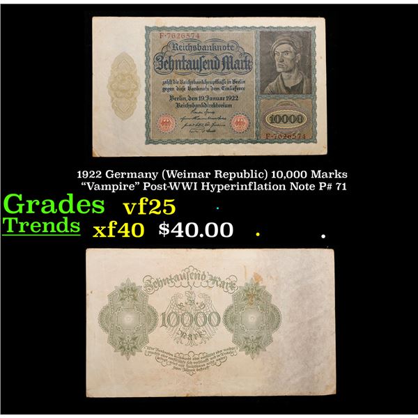 1922 Germany (Weimar Republic) 10,000 Marks "Vampire" Post-WWI Hyperinflation Note P# 71 Grades vf+