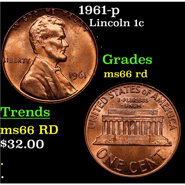 1961-p Lincoln Cent 1c Grades GEM+ Unc RD