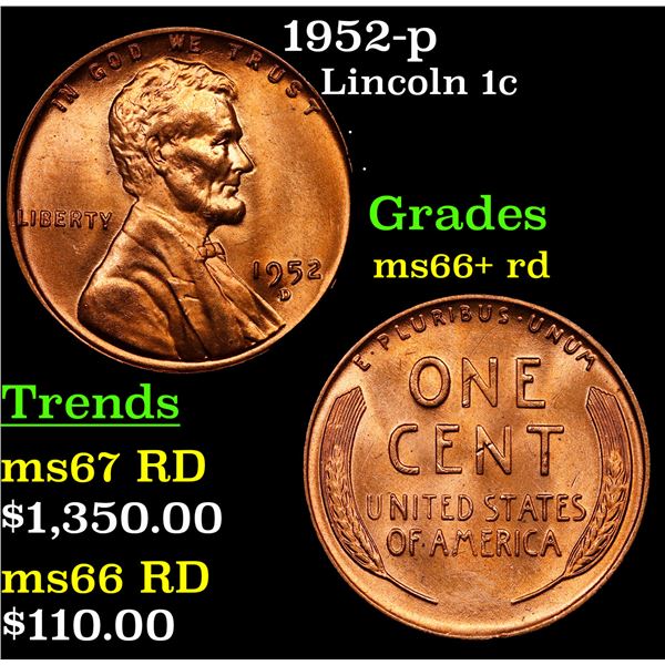 1952-p Lincoln Cent 1c Grades GEM++ RD