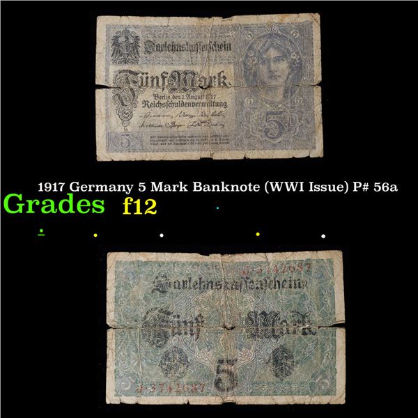 1917 Germany 5 Mark Banknote (WWI Issue) P# 56a Grades f, fine