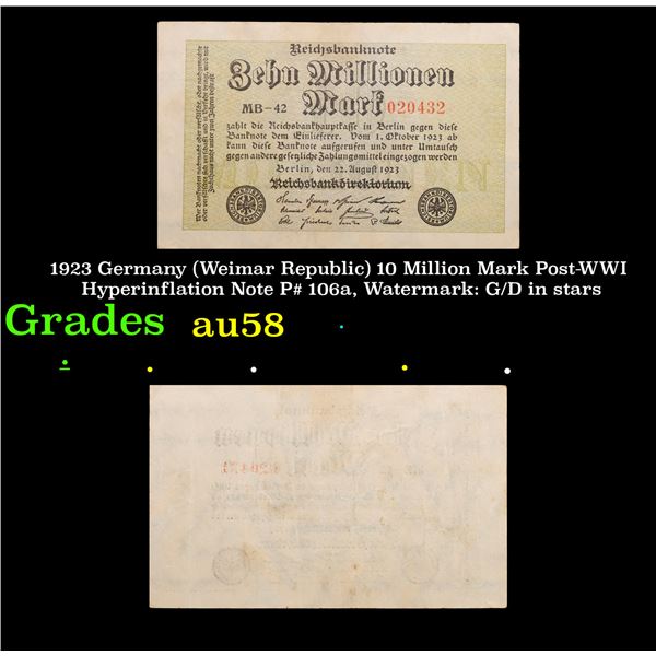 1923 Germany (Weimar Republic) 10 Million Mark Post-WWI Hyperinflation Note P# 106a, Watermark: G/D 