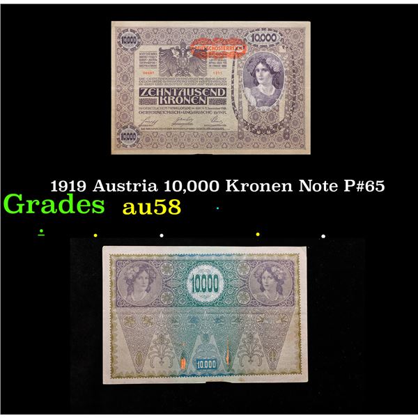 1919 Austria 10,000 Kronen Note P#65 Grades Choice AU/BU Slider