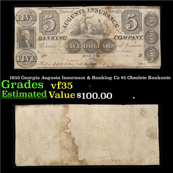 1853 Georgia Augusta Insurance & Banking Co $5 Obsolete Banknote Grades vf++