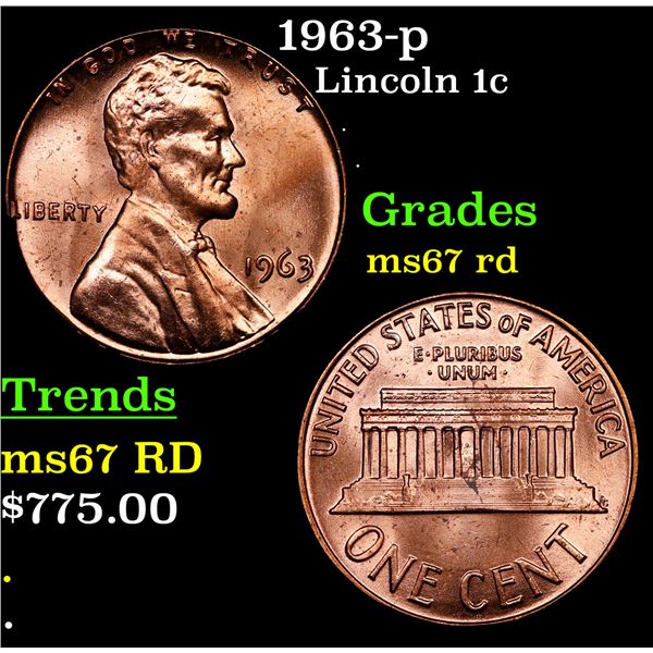 1963-p Lincoln Cent 1c Grades GEM++ Unc RD