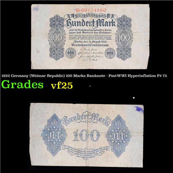 1922 Germany (Weimar Republic) 100 Marks Banknote - Post-WWI Hyperinflation P# 75 Grades vf+