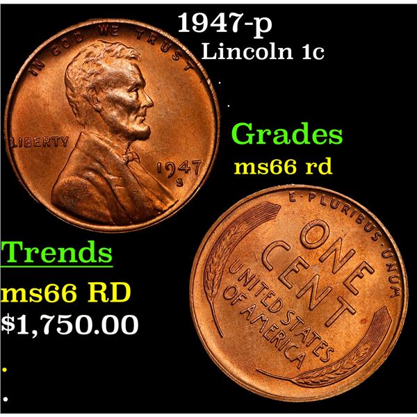 1947-p Lincoln Cent 1c Grades GEM+ Unc RD