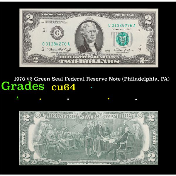 1976 $2 Green Seal Federal Reserve Note (Philadelphia, PA) Grades Choice CU