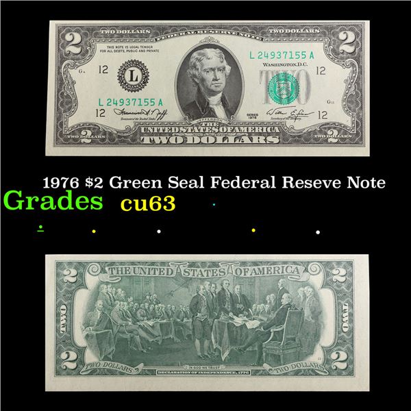 1976 $2 Green Seal Federal Reseve Note Grades Select CU