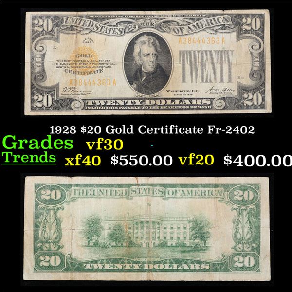 1928 $20 Gold Certificate Fr-2402 Grades vf++